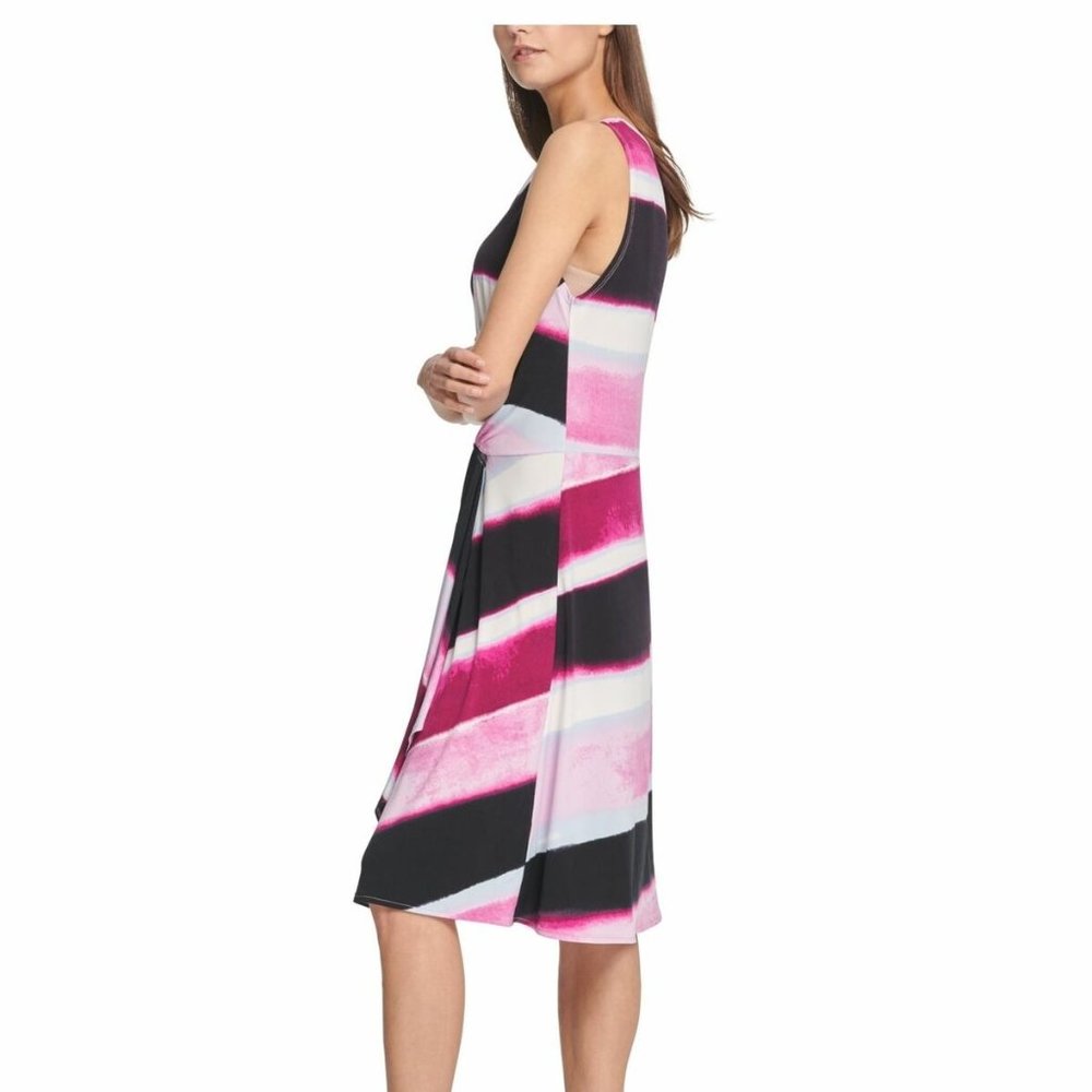 NWT DKNY Striped A-Line Dress Crew Neck Sleeveless Women Purple White size XL - Picture 2 of 12